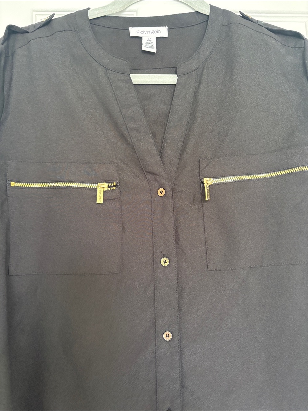 Calvin Klein Black Blouse with Gold Zipper Accents - Picture 3 of 4